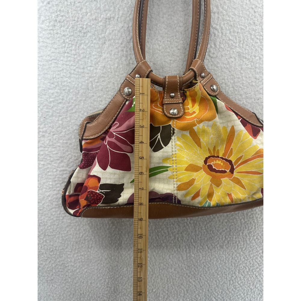 Fossil Floral Print Canvas Handbag Purse Satchel Brown Leather Trim - Picture 5 of 13